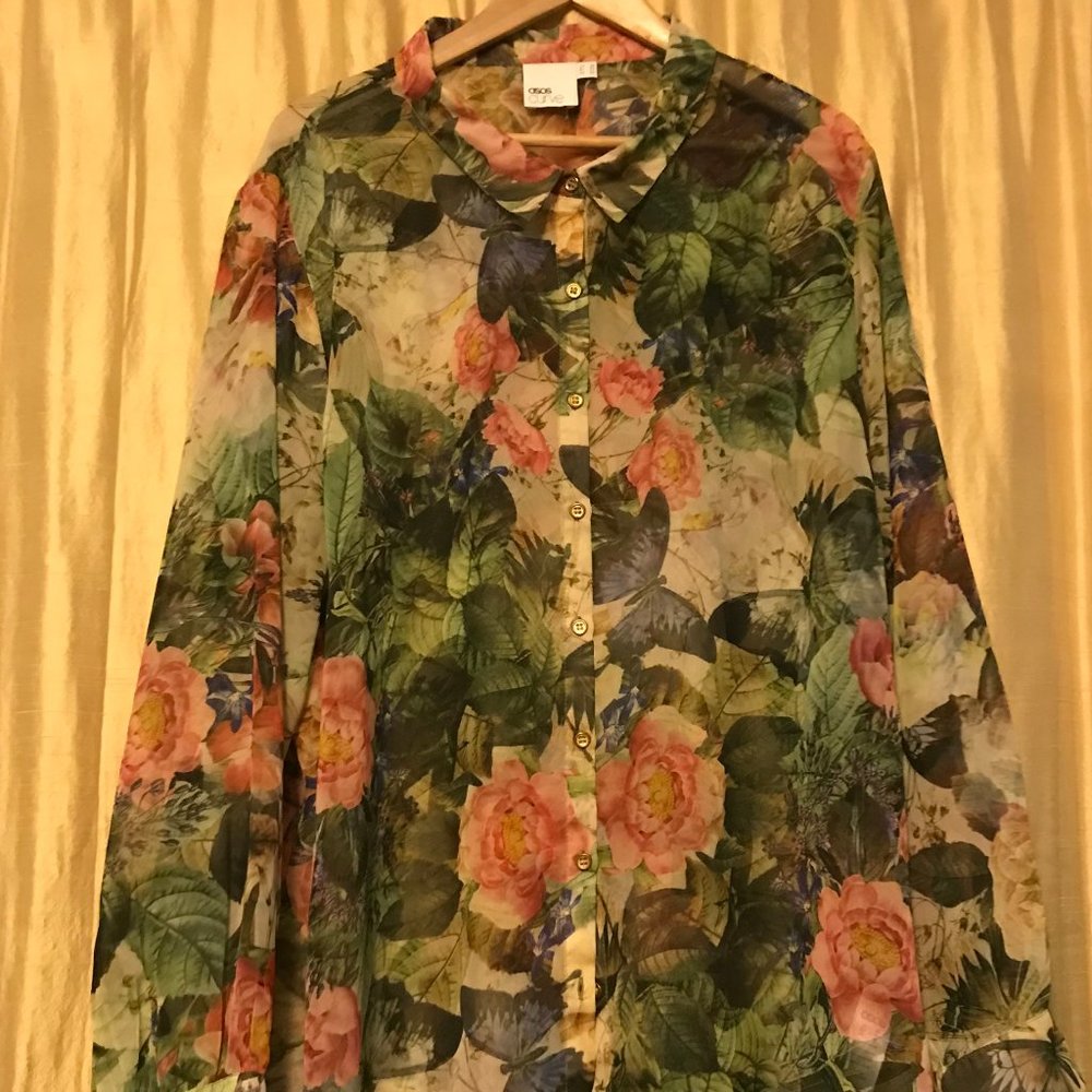 ASOS Curve Sheer Floral Button-Up Blouse in Green and Pink